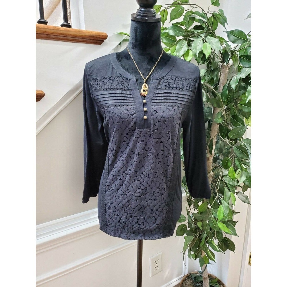 Style&Co. Womens Black Floral 100% Cotton Henley Neck Long Sleeve Blouse Size PL